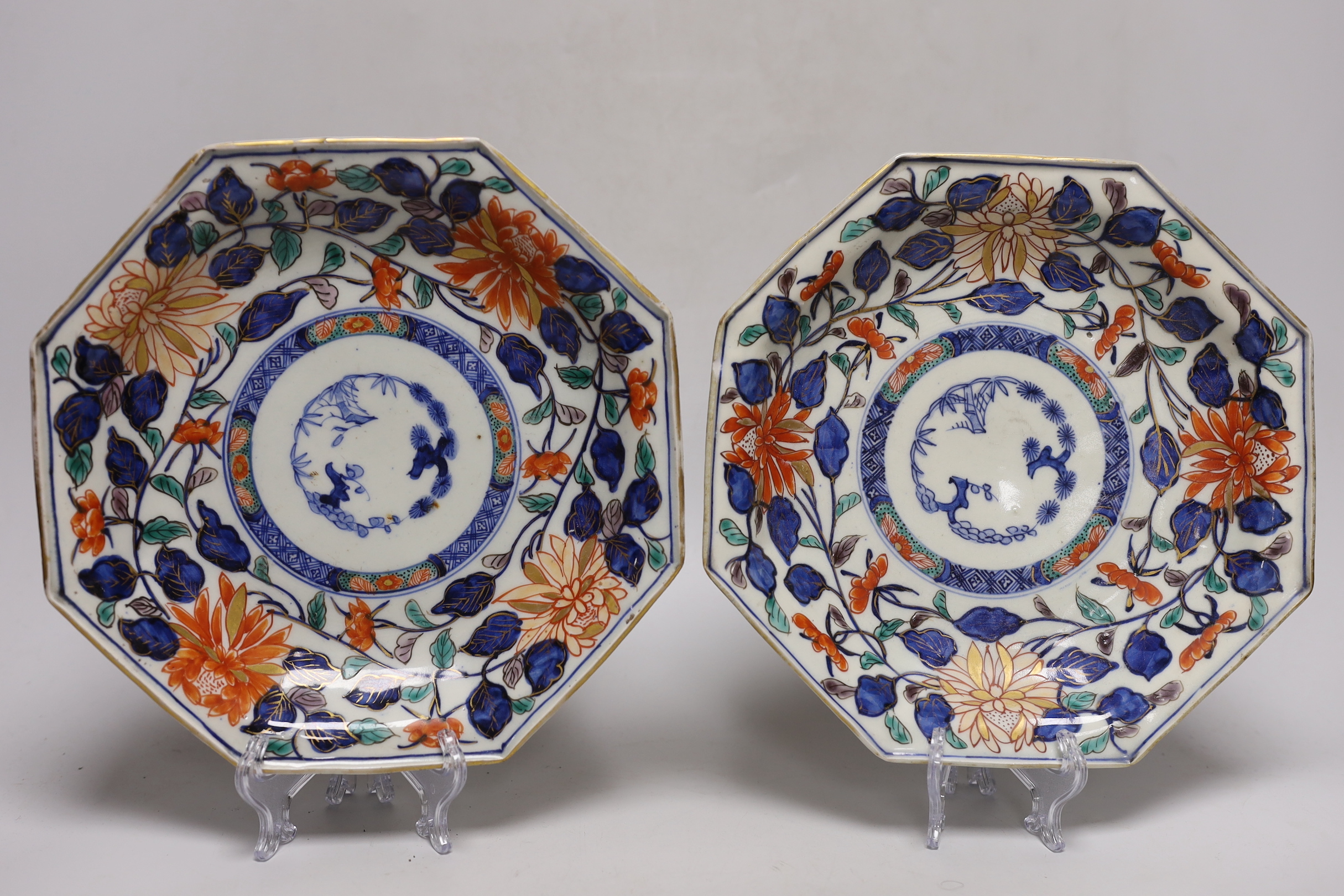 A Japanese Fukagawa bowl, and a pair of Imari octagonal dishes, largest 24cm diameter